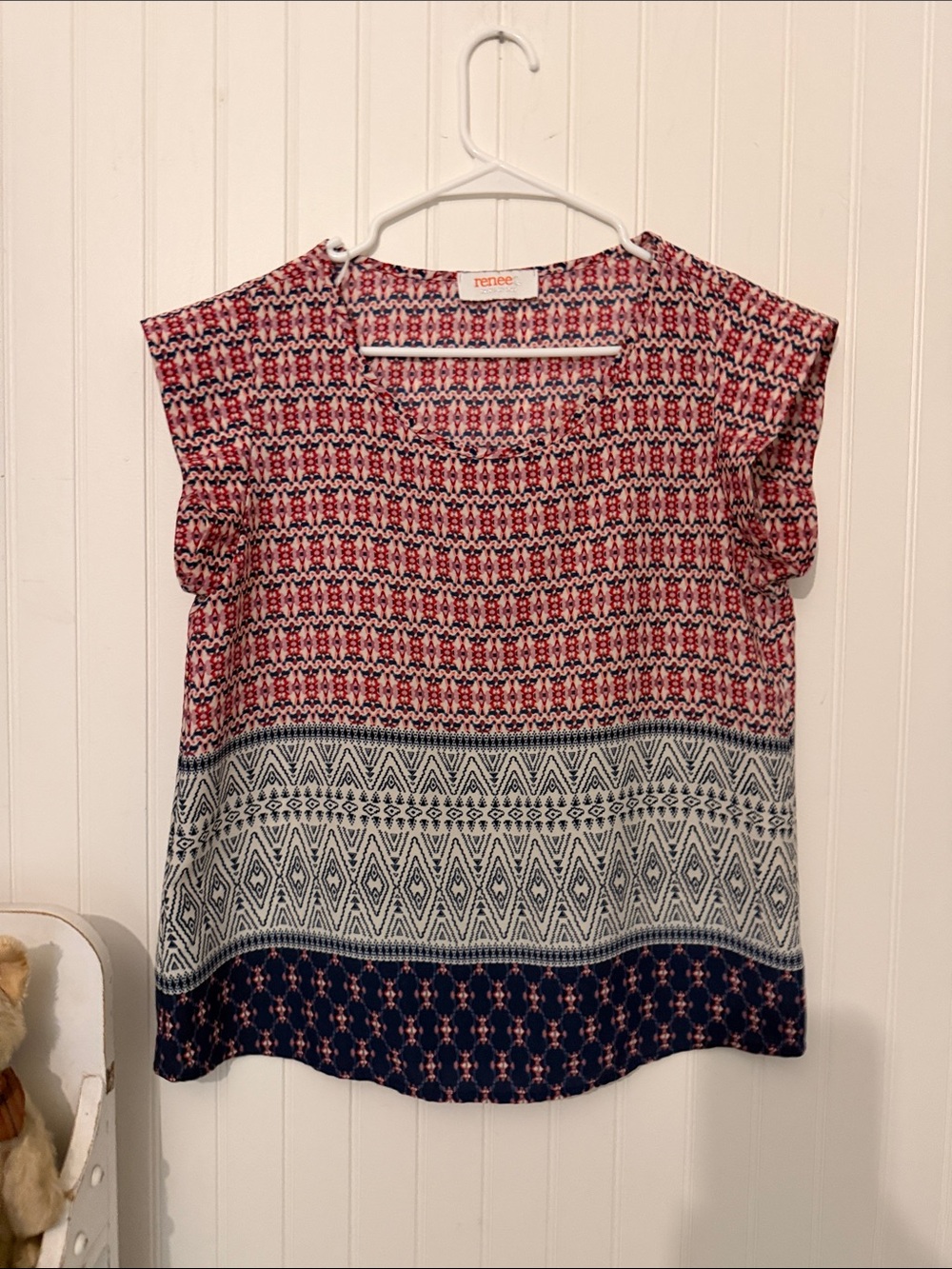 Small Renee C. Mixed Print Cap Sleeve Top in Red, White & Navy
